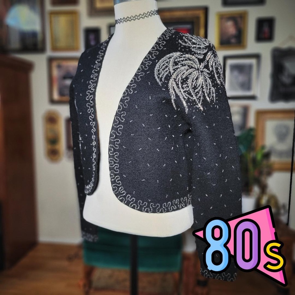 Karen Kane Wool Cardigan Vintage 80s Beaded Jacket Black Silver Shrug Small S